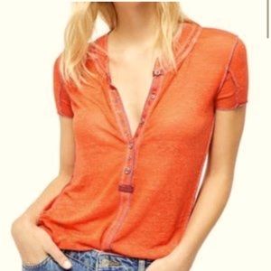 Free People Kia Button Front V-Neck Henley Tee Orange Red Size L